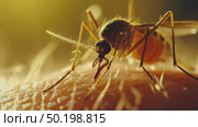 Close-up view of a mosquito feeding on skin. Стоковое AI-изображение, AI-художник Михаил Коханчиков / Фотобанк Лори