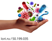 Health and disease risk medical health care concept with a human hand holding microscopic cancer virus and bacteria cells as a metaphor for pathogen illness with 3D illustration elements. Стоковое фото, агентство Ingram Publishing / Фотобанк Лори