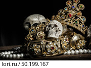 Still life Skull with Treasure Gold jewelry, pirate concept. Стоковое фото, агентство Ingram Publishing / Фотобанк Лори