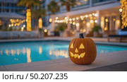 Jack-o'-lantern with glowing face placed on a table beside a shimmering pool, surrounded by palm trees and festive lights, creating a vibrant Halloween atmosphere. Стоковое AI-видео, аниматор Ирина Ручушкина / Фотобанк Лори