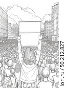 Сoloring book page of person holds up a sign in front of a crowd of people, expressing a message or protest. Стоковое AI-изображение, AI-художник Данила Большаков / Фотобанк Лори