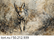 A black-backed jackal is captured mid-trot amidst the dry brush of the savannah as the day winds down. Стоковое AI-изображение, AI-художник Данила Большаков / Фотобанк Лори