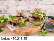 Healthy vegan burger with fresh vegetables and yogurt sauce on rustic kitchen counter top. Стоковое фото, агентство Ingram Publishing / Фотобанк Лори