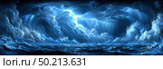 A painting depicting a powerful storm raging in the ocean, with dark clouds, crashing waves, and turbulent waters. Стоковое AI-изображение, AI-художник Данила Большаков / Фотобанк Лори