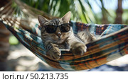 A cat with sunglasses on lounges comfortably in a hammock on a sunny day. Стоковое AI-изображение, AI-художник Данила Большаков / Фотобанк Лори