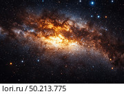 A spectacular view of a bright galaxy in the depths of space. The image shows a multitude of stars, shining in various shades from blue-white to orange, concentrated in a dense cluster that forms the central part of the galaxy. The space around is dotted with stars, creating a breathtaking sense of infinity and the grandeur of the universe. This cosmic landscape is ideal for themes related to science, astronomy, space, the future and technological progress. Стоковое AI-изображение, AI-художник Анна Кривицкая / Фотобанк Лори