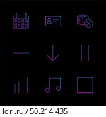 celender , credit card , music  , graph , user interface icons , arrows , navigation , wifi , internet , technology , apps , icon, vector, design,  flat,  collection, style, creative,  icons. Стоковая иллюстрация, агентство Ingram Publishing / Фотобанк Лори