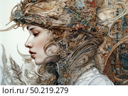 A fantastic profile portrait of a young woman, executed in the exquisite Art Nouveau style. Her face is gracefully framed by a complex composition of intertwined lines, leaves, flowers and organic ornaments, creating the effect of a magical natural crown. The palette is warm and harmonious: shades of beige, gold, ochre, ivory and muted blue tones. The illustration combines femininity, nature and art. Suitable for themes of art, fantasy, beauty, design, decorative graphics, esotericism and inspiration. Стоковое AI-изображение, AI-художник Анна Кривицкая / Фотобанк Лори
