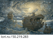 A fantastic illustration done in a detailed decorative style with elements of Slavic fantasy and Art Nouveau. In the foreground is a massive ship resembling an ancient Russian boat with carved ornaments, inhabited by people in old clothes. The ship sails on a rough sea, towards a mesmerizing sky filled with spiral clouds and a glowing sun. The sea and sky are made in vortex shapes, creating a sense of movement and fairy-tale mysticism. The atmosphere of the picture is epic, mysterious and symbolic. Ideal for themes of mythology, fantasy, travel, Slavic heritage and illustrative art. Стоковое AI-изображение, AI-художник Анна Кривицкая / Фотобанк Лори