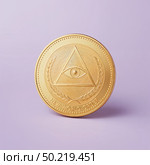 Gold coin with eye of providence design. Стоковое AI-изображение, AI-художник Андрей Бакусов / Фотобанк Лори