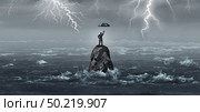 Business umbrella held by a businessman in a storm with thunder and lightning as a corporate crisis metaphor for financial security or protection idea with 3D illustration elements. Стоковое фото, агентство Ingram Publishing / Фотобанк Лори