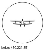 Airplane view with front Light aircraft civil Flying machine icon in circle round outline black color vector illustration flat style simple image. Airplane view with front Light aircraft civil Flying machine icon in circle round outline black color vector illustration flat style image. Стоковая иллюстрация, агентство Ingram Publishing / Фотобанк Лори