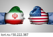 Iran US fight and middle east clash as a USA or United States crisis in the Persian gulf concept as an American and Iranian security problem due to economic sanctions and nuclear deal dispute in a 3D illustration style. Стоковое фото, агентство Ingram Publishing / Фотобанк Лори