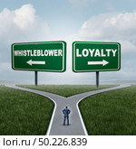 Whistleblower or loyalty choice as an employee choosing whistleblowing secret private wrongdoing  information or being loyal to a company or leadership with 3D illustration elements. Стоковое фото, агентство Ingram Publishing / Фотобанк Лори