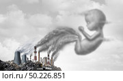 Pollution and pregnancy risk to the unborn fetus as polluted smoke stacks and toxic waste as an environmental danger to a mother and baby with 3D illustration elements. Стоковое фото, агентство Ingram Publishing / Фотобанк Лори