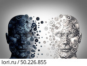 Bipolar brain disorder and mental health function concept as a human head divided in two colors as a neurological mood and emotion symbol or psychological metaphor for social behavior as a 3D illustration. Стоковое фото, агентство Ingram Publishing / Фотобанк Лори