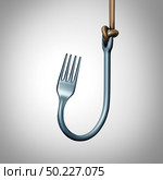 Food addiction concept and eating temptation idea as a dinner fork shaped as a fishing hook representing anorexia or bulimia and psychology of gaining weight as a 3D illustration. Стоковое фото, агентство Ingram Publishing / Фотобанк Лори