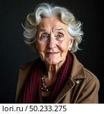 An elderly woman with striking silver hair and expressive blue eyes showcases a warm smile Generative AI. Стоковое AI-изображение, AI-художник Юлия Петровская / Фотобанк Лори