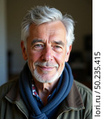 An older gentleman with white hair and a charming smile stands in a warm indoor environment, dressed casually with a scarf, exuding friendliness and approachability Generative AI. Стоковое AI-изображение, AI-художник Юлия Петровская / Фотобанк Лори