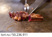 Cooking of beef teppanyaki recipe japanese grilled beef on cooking pan using scraper and knife. Стоковое фото, агентство Ingram Publishing / Фотобанк Лори