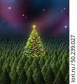 Christmas tree greeting card concept as a dense forest of pine with one individual plant decorated with ornaments as a shinning star in a green field of winter holiday trees background as a 3D illustration. Стоковое фото, агентство Ingram Publishing / Фотобанк Лори