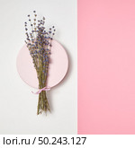 Eco branch of lavender flowers on a round ceramic board on a duotone pastel background, copy space. Creeting card. Top view.. Duotone background with lavender bunch on a round board. Стоковое фото, агентство Ingram Publishing / Фотобанк Лори