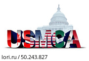 USMCA USA legislation trade agreement or the new NAFTA United States Mexico Canada with north america flags as a deal negotiation and economic deal for the American Mexican and Canadian governments as a 3D illustration. . Стоковое фото, агентство Ingram Publishing / Фотобанк Лори