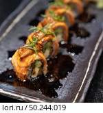 Salmon Foie gras roll, Fusion Japanese Cuisine food. Стоковое фото, агентство Ingram Publishing / Фотобанк Лори