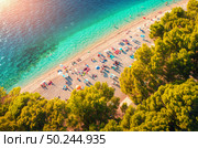 Aerial view of sandy beach with colorful umbrellas, lying people, clear sea bay with transparent blue water and green trees at sunny day in summer. Travel in Croatia, Adriatic sea. Top view. Seascape. Стоковое фото, агентство Ingram Publishing / Фотобанк Лори