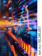 A vibrant, blurred close-up showcasing glowing financial graphs and data analysis, representing active stock market trading. Стоковое AI-изображение, AI-художник Данила Большаков / Фотобанк Лори