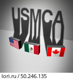 USMCA business concept  as  the United States Mexico Canada agreement symbol as a trade deal negotiation and economic deal for the American Mexican and Canadian governments as a 3D illustration. . Стоковое фото, агентство Ingram Publishing / Фотобанк Лори