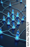 A 3D networking icon with interconnected dots forming a web, glowing blue nodes, symbolizing professional connections. Стоковое AI-видео, аниматор Sergey Grishin / Фотобанк Лори