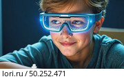 A close-up of a chess coaching session using augmented reality glasses, move possibilities visualized in the air, a young boy chess player look into vr set up. Стоковое AI-видео, аниматор Sergey Grishin / Фотобанк Лори