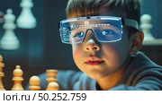 A close-up of a chess coaching session using augmented reality glasses, move possibilities visualized in the air, a young boy chess player look into vr set up. Стоковое AI-видео, аниматор Sergey Grishin / Фотобанк Лори