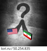 Iranian american questions as US military war tension conflict or United States middle east crisis concept as a security problem due to economic sanctions and nuclear deal dispute with 3D illustration elements. Стоковое фото, агентство Ingram Publishing / Фотобанк Лори