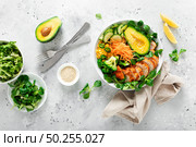 Buddha bowl with grilled chicken breast, avocado and fresh vegetable salad for lunch. Стоковое фото, агентство Ingram Publishing / Фотобанк Лори