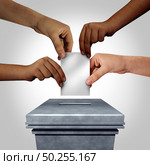Diverse hands casting a ballot at a voting polling station as a right to vote concept or diversity in democracy as multicultural hands holding a blank decision document with 3D illustration elements. Стоковое фото, агентство Ingram Publishing / Фотобанк Лори