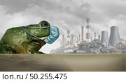 Animals and pollution concept and animal protection and wildlife welfare as a frog wearing a medical mask to protect from environmental toxic air and industrial waste as protection with 3D illustration elements. Стоковое фото, агентство Ingram Publishing / Фотобанк Лори