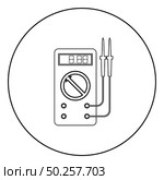 Digital multimeter for measuring electrical indicators AC DC voltage amperage ohmmeter power with probes icon in circle round outline black color vector illustration flat style simple image. Digital multimeter for measuring electrical indicators AC DC voltage amperage ohmmeter power with probes icon in circle round outline black color vector illustration flat style image. Стоковая иллюстрация, агентство Ingram Publishing / Фотобанк Лори