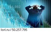 Financial crisis and Economy or economic fear and Stock market selling with a stock broker or financial advisor investor in panic mode as a corporate recession and finance risk with 3D illustration elements. Стоковое фото, агентство Ingram Publishing / Фотобанк Лори