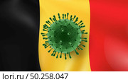 Model of Coronavirus bacteria on a background of Belgian flag. Rapid spread of Coronavirus, Covid 19 in the world. Global calamity. Quarantine concept.. Coronavirus Model on the background of Belgian flag. Стоковое фото, агентство Ingram Publishing / Фотобанк Лори