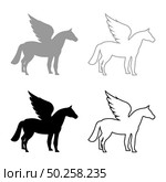 Pegasus Winged horse silhouette Mythical creature Fabulous animal icon outline set black grey color vector illustration flat style simple image. Pegasus Winged horse silhouette Mythical creature Fabulous animal icon outline set black grey color vector illustration flat style image. Стоковая иллюстрация, агентство Ingram Publishing / Фотобанк Лори