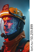 A firefighter's helmet AI overlays structural analysis and building house blueprint plan across smoke-filled corridors, emergency concept. Стоковое AI-видео, аниматор Sergey Grishin / Фотобанк Лори