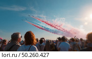 Spectacular air show captivates spectators with colorful smoke trails during summer afternoon. Стоковое AI-изображение, AI-художник Сергей Толмачёв / Фотобанк Лори