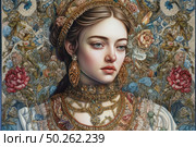 Portrait of a young woman in luxurious traditional Russian attire, executed in an exquisite decorative and ornamental style. The girl is dressed in richly embroidered clothes with gold jewelry, beads and precious stones. In the background is a complex floral pattern with roses and other plants, creating an atmosphere of fairy tale and antiquity. The model's face is thoughtful, with soft features and porcelain skin tone. The image combines the aesthetics of Russian folklore, Renaissance portraiture and decorative art. Стоковое AI-изображение, AI-художник Анна Кривицкая / Фотобанк Лори