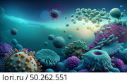 Microscopic view shows Covid particles amid a diverse artificial marine-inspired environment, virus spread. Structures resemble coral, emphasizing nature-inspired visualizations of viral interactions. Стоковое AI-изображение, AI-художник Андрей Ка / Фотобанк Лори