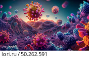 Vivid Covid particles dominate the scene, suspended over a detailed cellular surface. Biological view, particles interacting with intricate microscopic environment, virus complexity and dynamics. Стоковое AI-изображение, AI-художник Андрей Ка / Фотобанк Лори