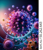 Covid microsphere showing protein spikes and mutations. vibrant, detailed layers display viral structure, emphasizing infection potential. scientific research, medicine, health, and virology focus. Стоковое AI-изображение, AI-художник Андрей Ка / Фотобанк Лори