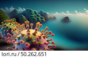 Colorful Covid textures juxtaposed against lush, serene island landscape. virus spreads over calm, blue ocean, infiltrating untouched environments, symbolizing nature's vulnerability. Стоковое AI-изображение, AI-художник Андрей Ка / Фотобанк Лори