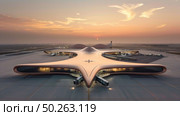 A futuristic airport with a commercial jet parked on the tarmac, waiting for passengers to embark or disembark. Стоковое AI-изображение, AI-художник Данила Большаков / Фотобанк Лори